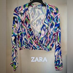 Zara Abstract Print Wrap Blouse | Colorful Cropped Long Sleeve | New